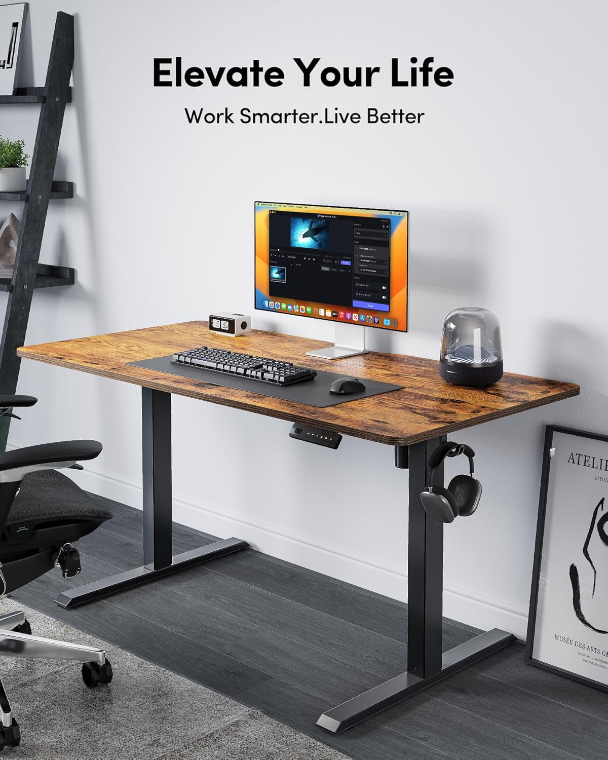 Height Adjustable Electric Standing Desk, 48 X 24 Inches Stand up Table, Sit Stand Home Office Desk with Splice Board, Black Frame/Rustic Brown Top