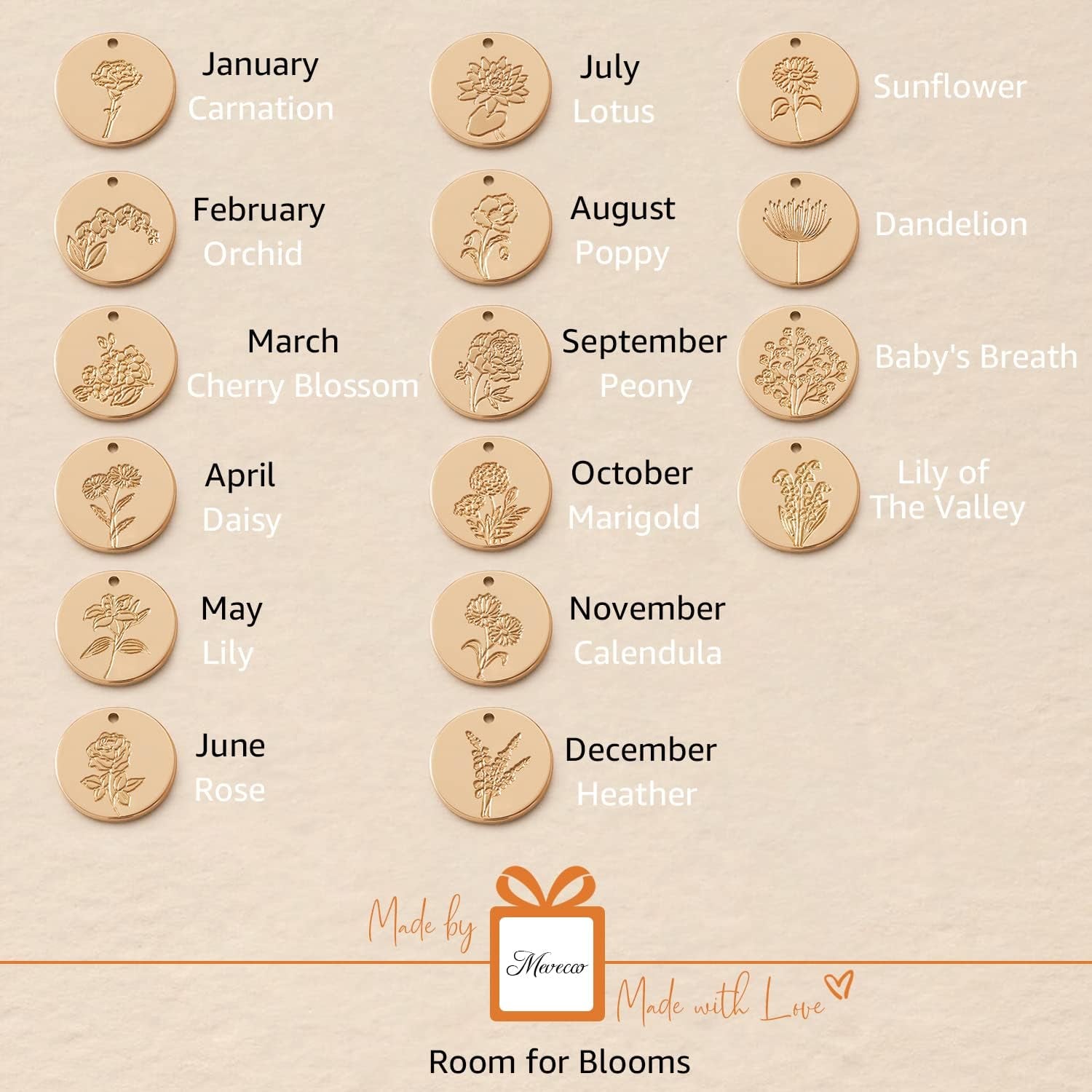 Birth Flower Necklace 18K Gold Engraved Custom Floral Pendant Necklaces Dainty Birth Month Flower Disc Charm Hand Stamped Flower Disk Necklace Personalized Jewelry Birthday Gift for Her