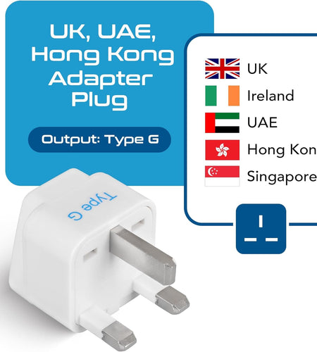 UK, Hong Kong, Ireland, UAE Travel Plug Adapter (Type G) - 3 Pack [Grounded & Universal] (GP-7-3PK)