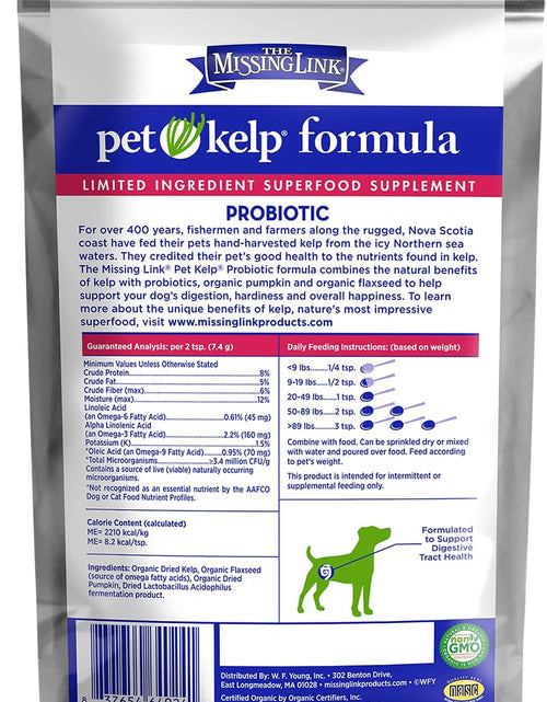 Load image into Gallery viewer, Pet Kelp Probiotic Powder Formula, Organic &amp; Limited Ingredient Superfood Supplement, Kelp, Flaxseed, Pumpkin &amp; Probiotics, Omegas &amp; Probiotics for Digestive Health for Puppy, Adult &amp; Senior Dogs, 8Oz
