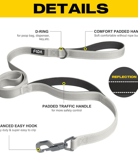 6 FT Heavy Duty Dog Leash with 2 Comfortable Padded Handles, Traffic Handle & Advanced Easy Snap Hook, Reflective Walking Lead for Large, Medium & Small Breed Dogs, Grey