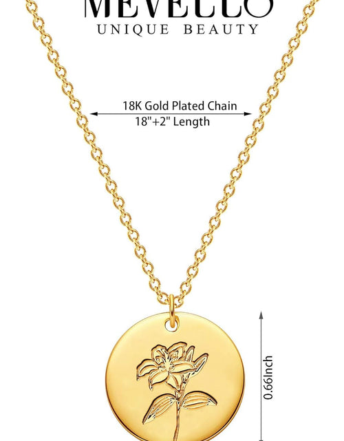 Load image into Gallery viewer, Birth Flower Necklace 18K Gold Engraved Custom Floral Pendant Necklaces Dainty Birth Month Flower Disc Charm Hand Stamped Flower Disk Necklace Personalized Jewelry Birthday Gift for Her
