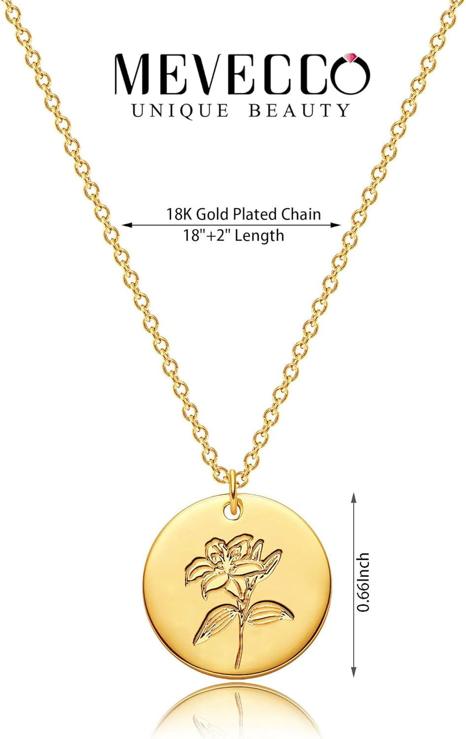Birth Flower Necklace 18K Gold Engraved Custom Floral Pendant Necklaces Dainty Birth Month Flower Disc Charm Hand Stamped Flower Disk Necklace Personalized Jewelry Birthday Gift for Her