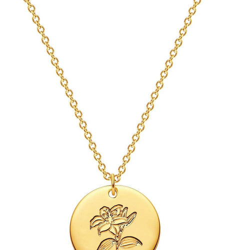 Birth Flower Necklace 18K Gold Engraved Custom Floral Pendant Necklaces Dainty Birth Month Flower Disc Charm Hand Stamped Flower Disk Necklace Personalized Jewelry Birthday Gift for Her