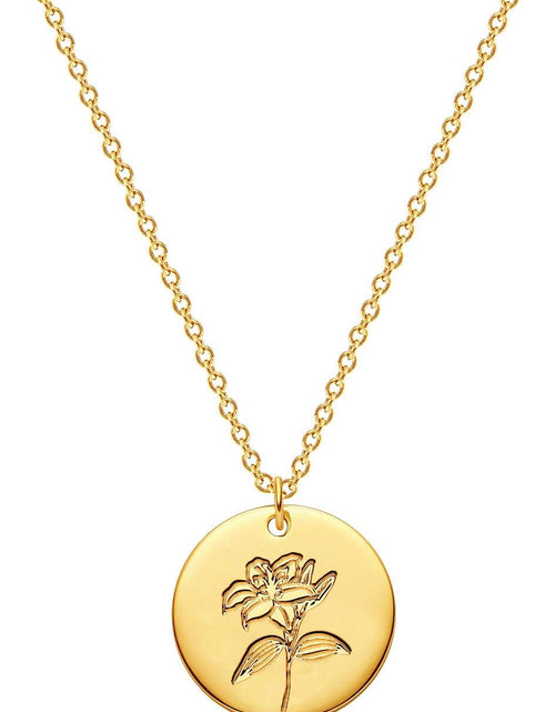 Load image into Gallery viewer, Birth Flower Necklace 18K Gold Engraved Custom Floral Pendant Necklaces Dainty Birth Month Flower Disc Charm Hand Stamped Flower Disk Necklace Personalized Jewelry Birthday Gift for Her

