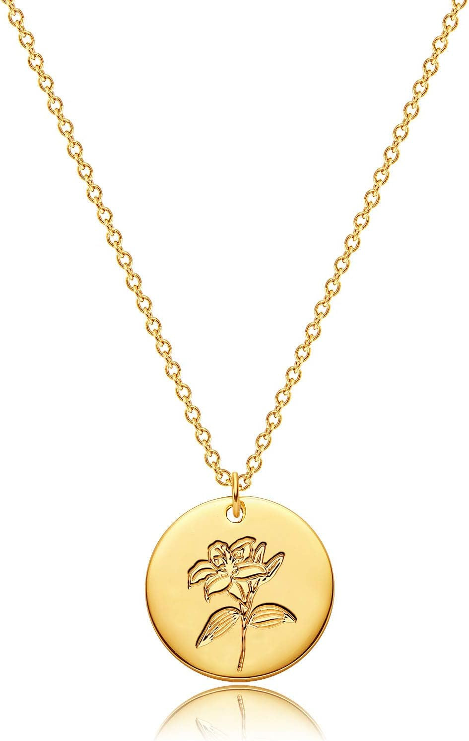 Birth Flower Necklace 18K Gold Engraved Custom Floral Pendant Necklaces Dainty Birth Month Flower Disc Charm Hand Stamped Flower Disk Necklace Personalized Jewelry Birthday Gift for Her