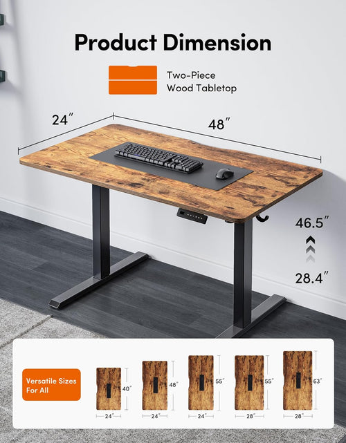 Load image into Gallery viewer, Height Adjustable Electric Standing Desk, 48 X 24 Inches Stand up Table, Sit Stand Home Office Desk with Splice Board, Black Frame/Rustic Brown Top
