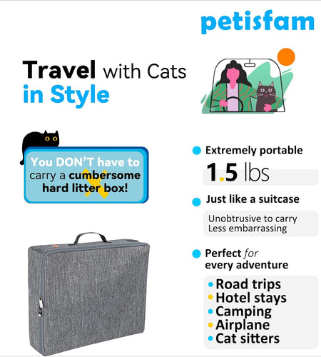 Large Portable Cat Travel Litter Box with Zipperd Top for Medium, Large or Multiple Cats. Odor Control, Leak-Proof, Lightweight for Easy Carry, Easy Storage, Easy to Clean